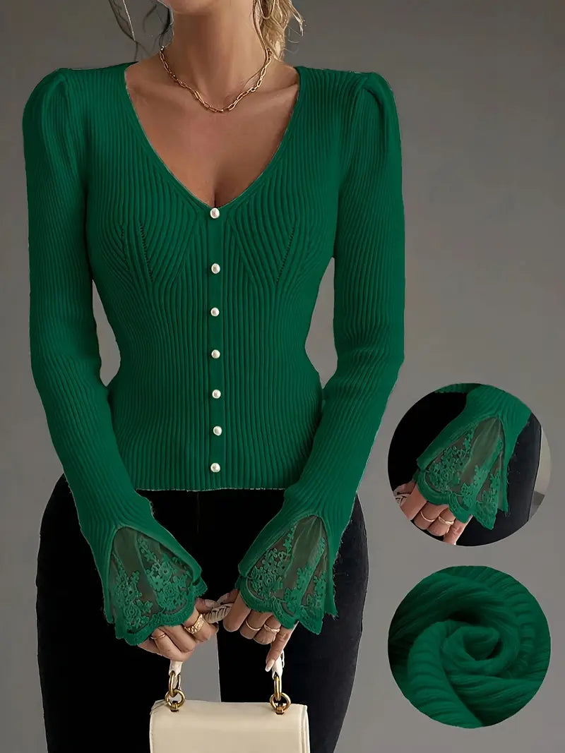 Bianca™ | Maglia Leggera a Coste con Pizzo Elegante