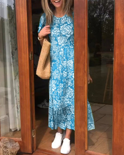 Ameline  | Lange jurk met korte mouwen en bloemenprint