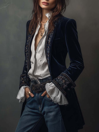 Federica | Lange Vintage Velvet Blazer in Marineblauw met Borduursels