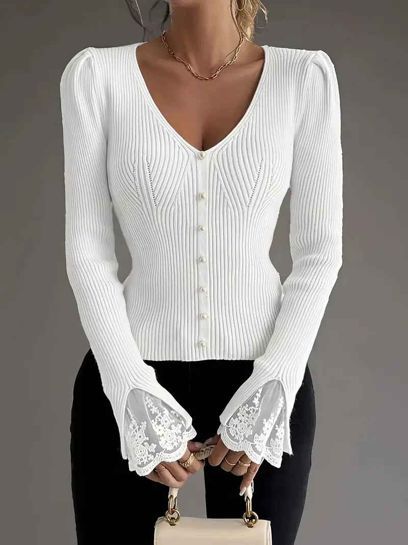 Bianca™ | Maglia Leggera a Coste con Pizzo Elegante