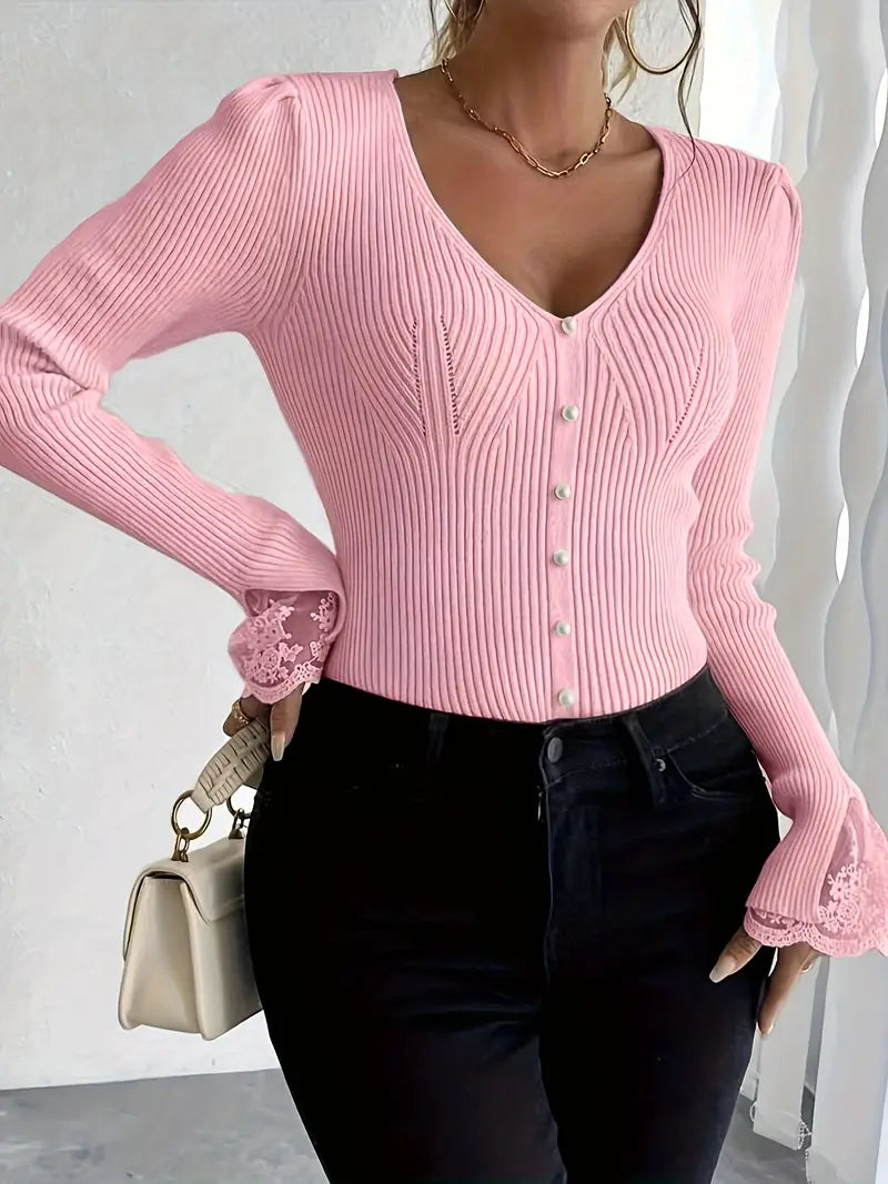 Bianca™ | Maglia Leggera a Coste con Pizzo Elegante