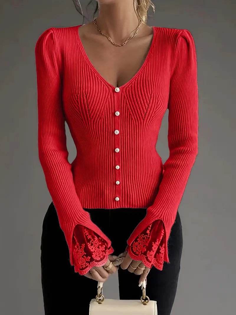 Bianca™ | Maglia Leggera a Coste con Pizzo Elegante