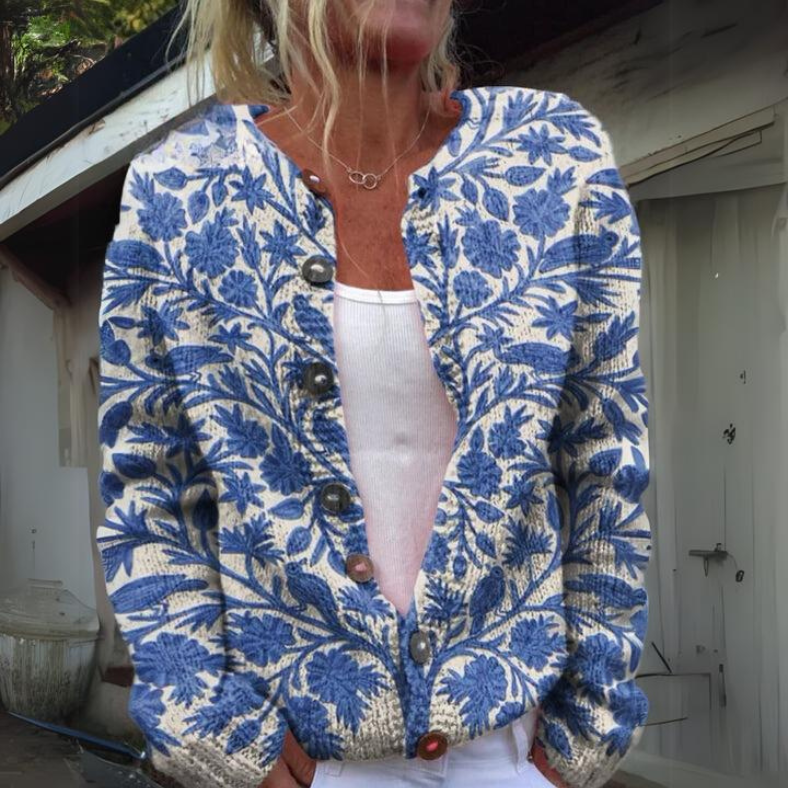 Florentina – Elegant Gebreid Damesvest met Bloemenprint