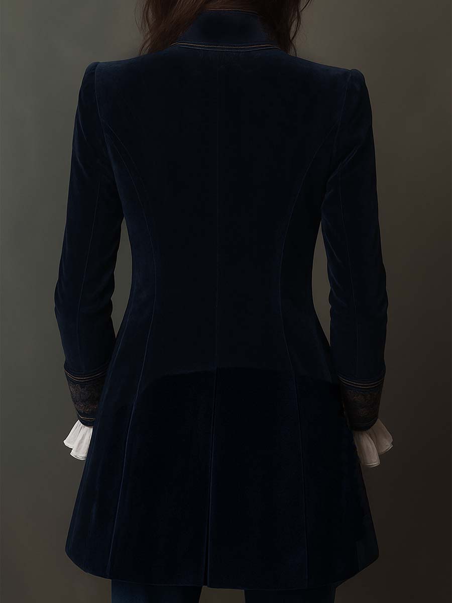 Federica | Lange Vintage Velvet Blazer in Marineblauw met Borduursels
