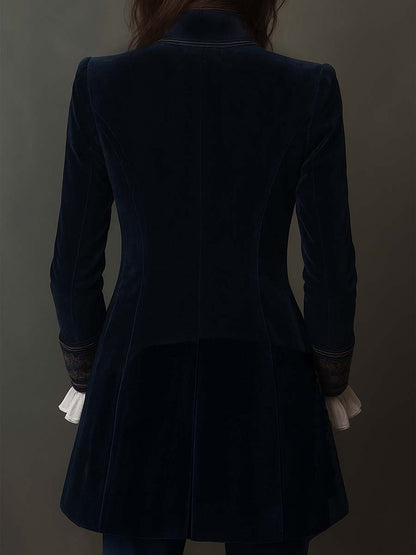 Federica | Lange Vintage Velvet Blazer in Marineblauw met Borduursels