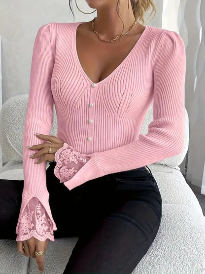Bianca™ | Maglia Leggera a Coste con Pizzo Elegante