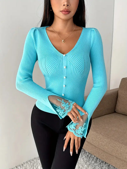 Bianca™ | Maglia Leggera a Coste con Pizzo Elegante