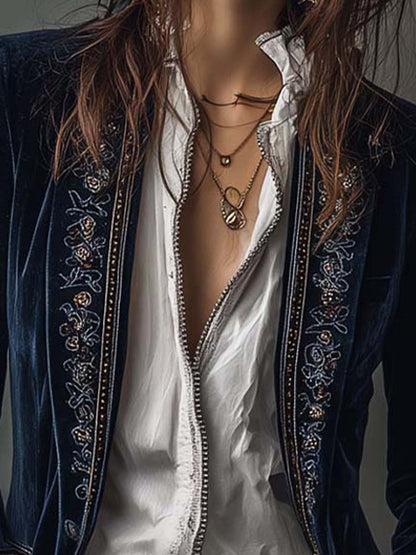 Federica | Lange Vintage Velvet Blazer in Marineblauw met Borduursels