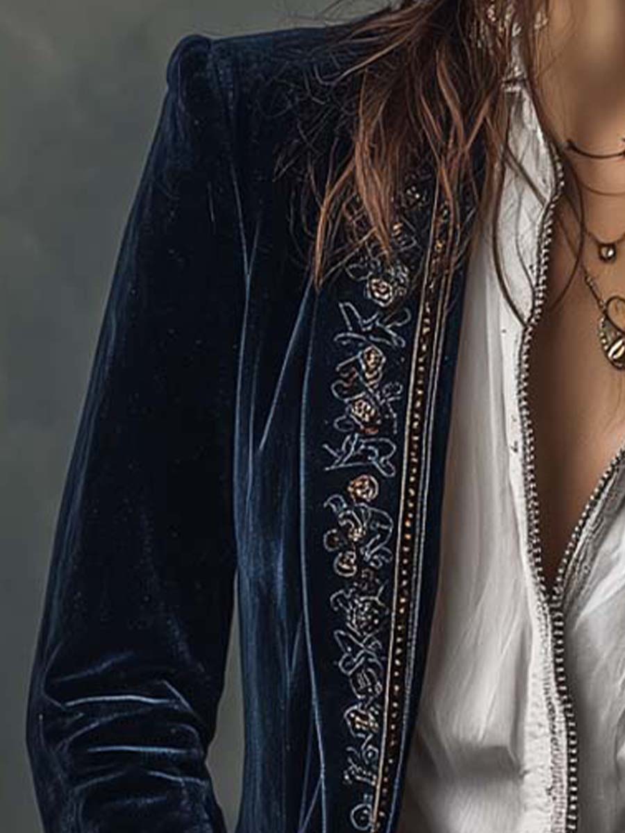 Federica | Lange Vintage Velvet Blazer in Marineblauw met Borduursels