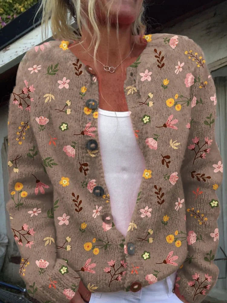 Florentina – Elegant Gebreid Damesvest met Bloemenprint
