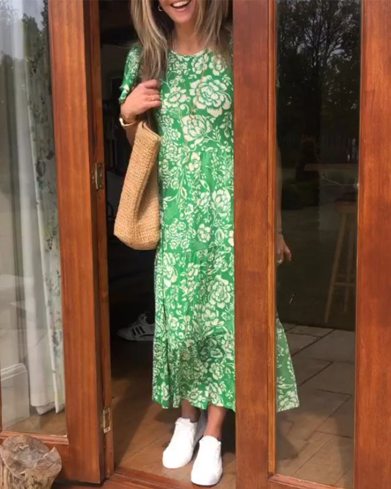 Ameline  | Lange jurk met korte mouwen en bloemenprint