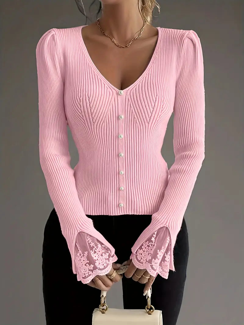 Bianca™ | Maglia Leggera a Coste con Pizzo Elegante
