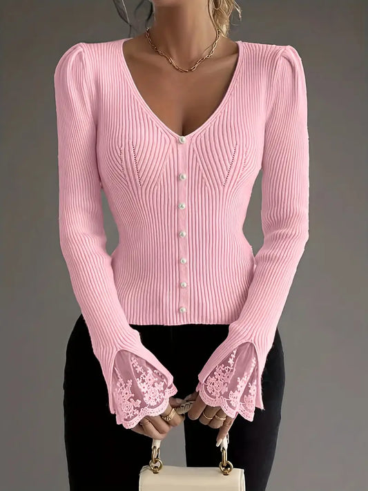 Bianca™ | Maglia Leggera a Coste con Pizzo Elegante