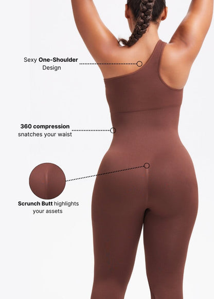 SnatchedKnit One-Shoulder Flare Jumpsuit