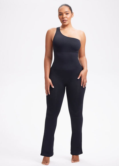 SnatchedKnit One-Shoulder Flare Jumpsuit