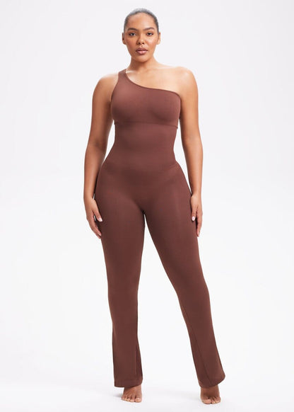 SnatchedKnit One-Shoulder Flare Jumpsuit