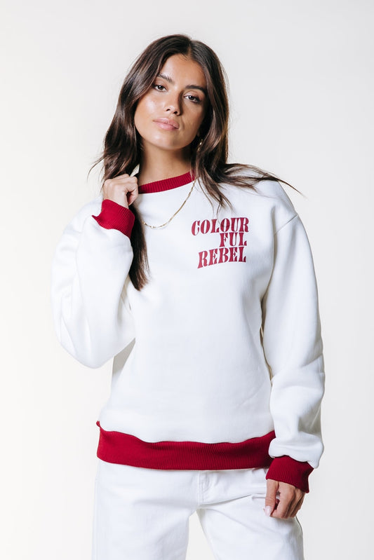 Contrast Rib Sweater met Logo – Ivoor met Bordeaux
