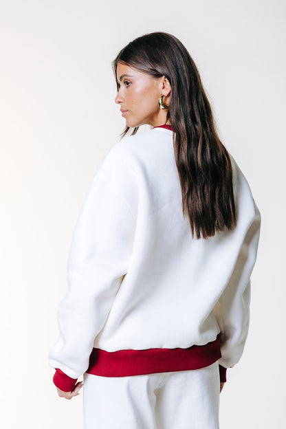Contrast Rib Sweater met Logo – Ivoor met Bordeaux