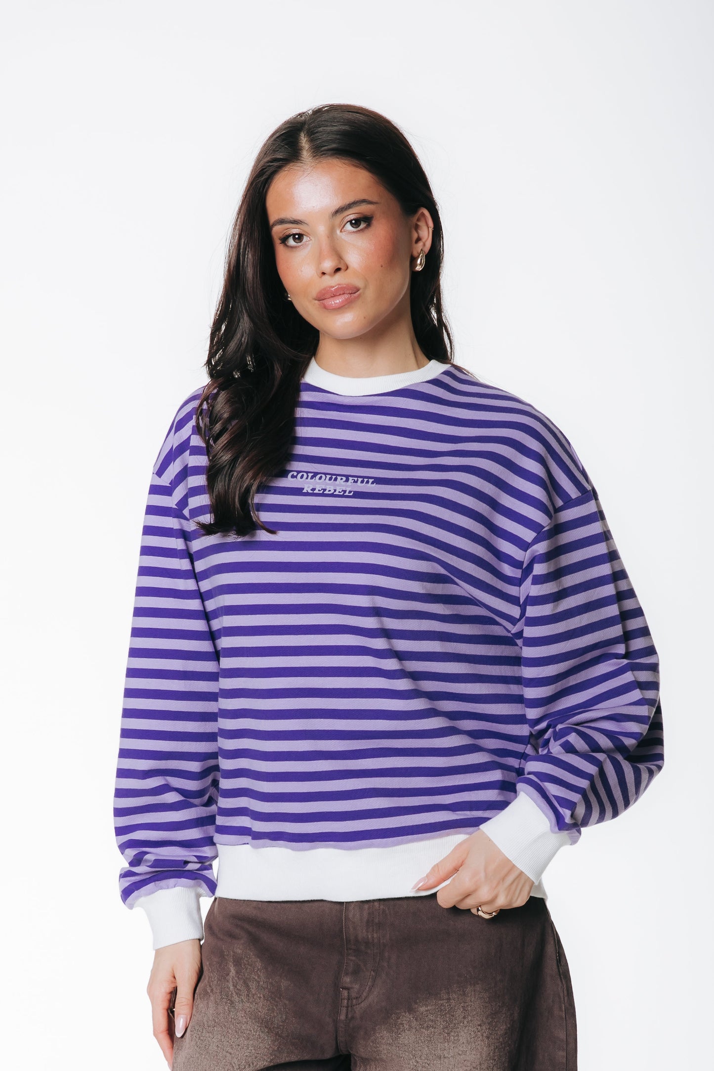 Gestreepte Sweater met Verlaagde Schouder – Lila