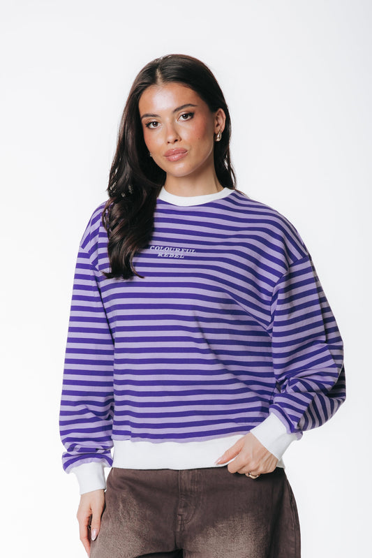 Gestreepte Sweater met Verlaagde Schouder – Lila