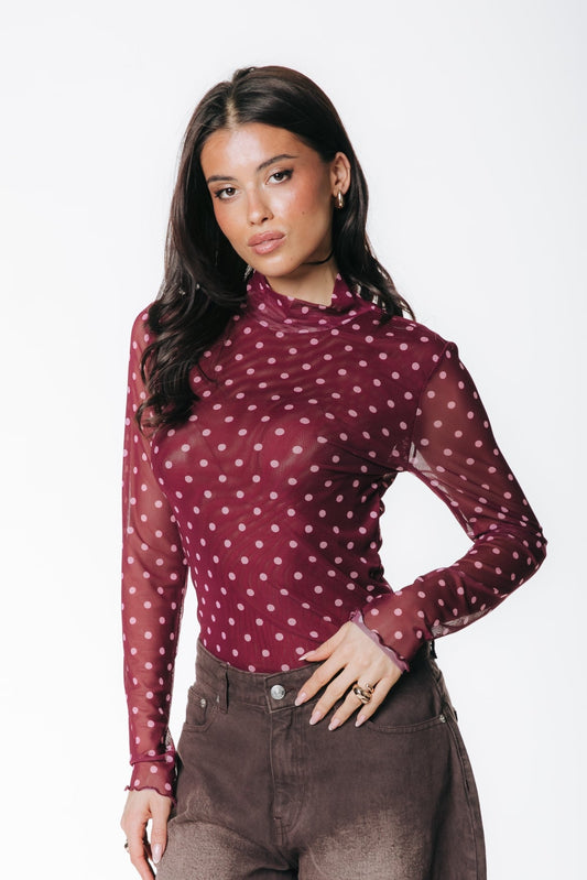 Neyo Dots Mesh Turtleneck Top | Red