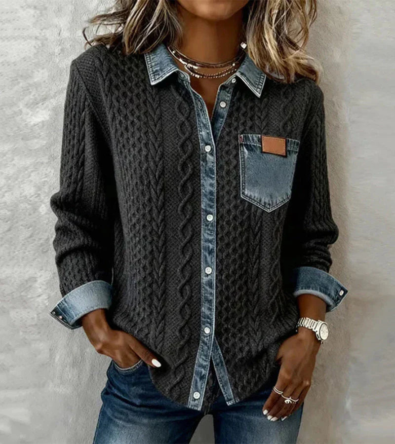 Ambra | Gebreide Patchwork Top met Denim Details