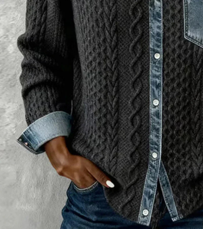 Ambra | Gebreide Patchwork Top met Denim Details