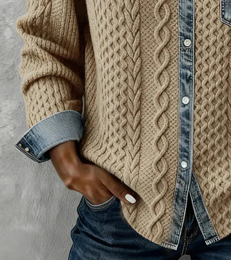 Ambra | Gebreide Patchwork Top met Denim Details