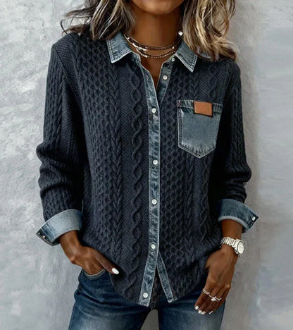 Ambra | Gebreide Patchwork Top met Denim Details