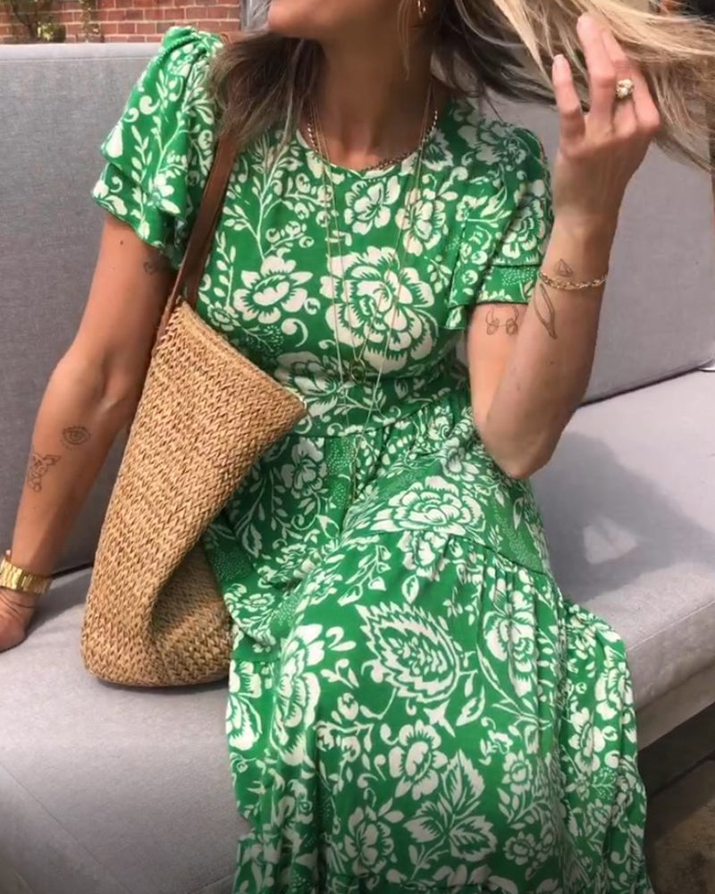 Ameline  | Lange jurk met korte mouwen en bloemenprint