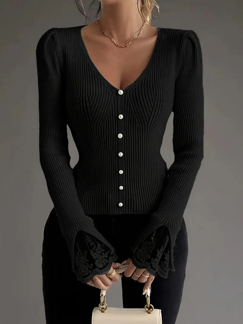Bianca™ | Maglia Leggera a Coste con Pizzo Elegante