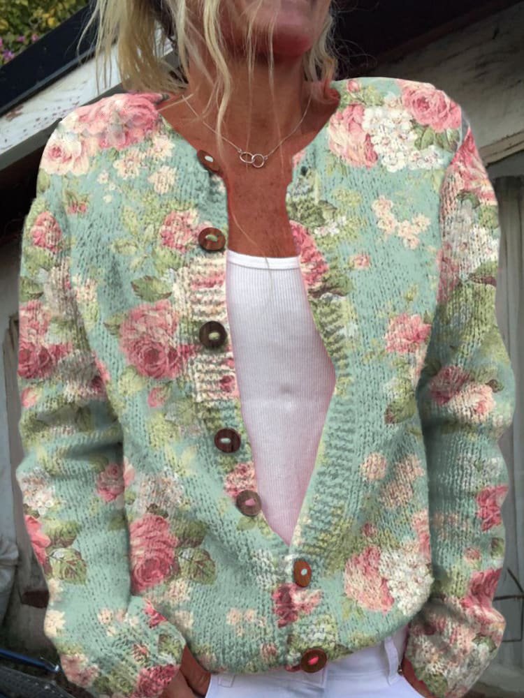 Florentina – Elegant Gebreid Damesvest met Bloemenprint