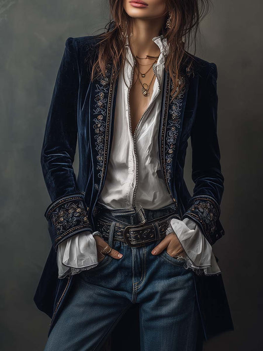 Federica | Lange Vintage Velvet Blazer in Marineblauw met Borduursels