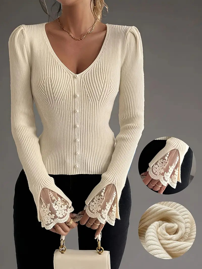 Bianca™ | Maglia Leggera a Coste con Pizzo Elegante