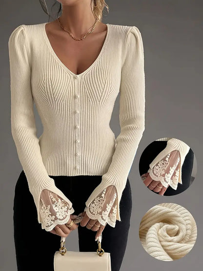 Bianca™ | Maglia Leggera a Coste con Pizzo Elegante